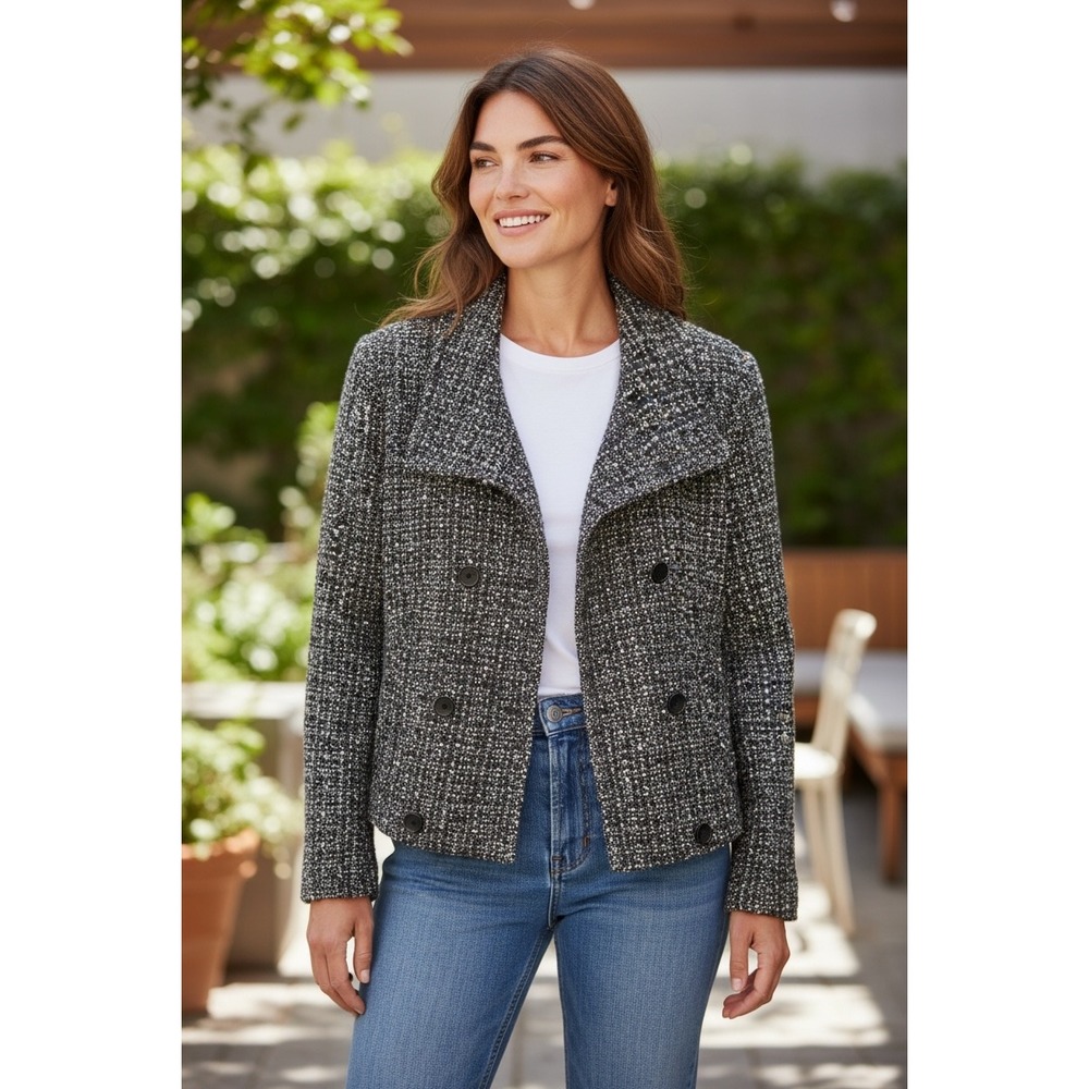 Womens‎ Double Breasted Peacoat Jacket Tweed Black Multi Color Preppy Casual Gap